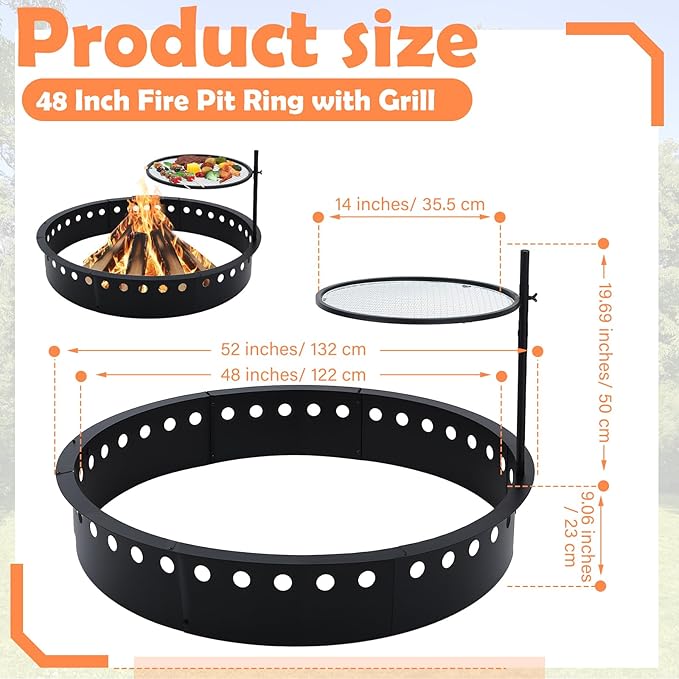 48 Inch Smokeless Fire Pit Ring with Grill Fire Ring for Outside Heavy Duty Metal Firepit Insert Round Steel Large Above/In-Ground Camping Firepit for Outdoor Camping Patio Picnic BBQ Garden