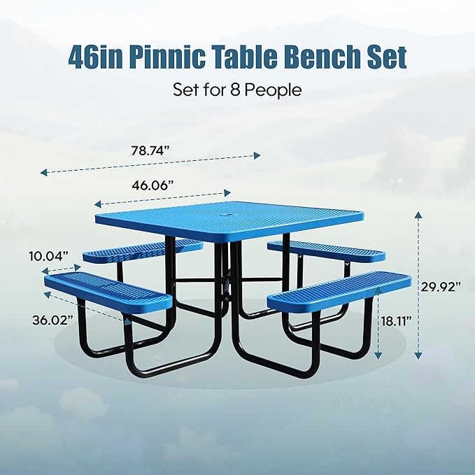 Sunnibety 8-Person Picnic Tables for Outdoors, Industrial 46" Expanded Metal Square Picnic Table with 4 Benches & Umbrella Hole, Outside Table and Bench Set for Garden, Backyard, Porch, Patio, Blue