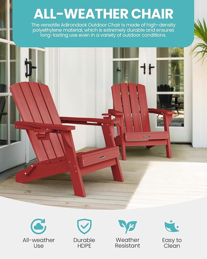 Folding Adirondack Chair, HDPE All-Weather Fire Pit Chairs, Plastic Adirondack Chairs with 2 Cup Holder, Outdoor Lawn Chair for Patio Garden (Red)