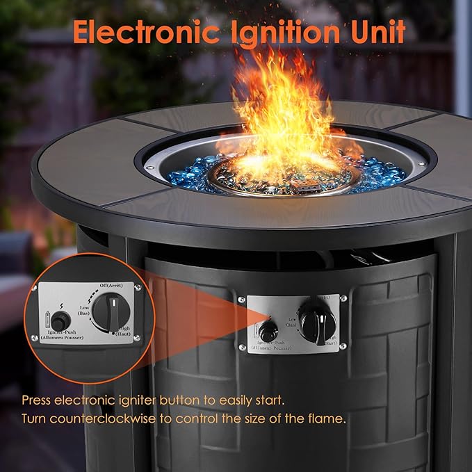 TLGREEN Propane Fire Pit Table 30in, 50,000 BTU Auto-Ignition Round Gas Fire Pit, Patio Furniture Outdoor and Indoor, Fire Table with Waterproof Cover, Blue Stone and Lid