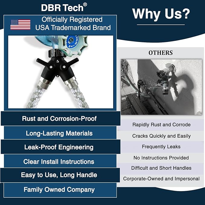 DBR Tech® Garden Hose Splitter 2 Way Heavy Duty | Faucet Adapter with Long Handle, Outdoor Water Spigot Hose Bib Y Wye Splitter, Dual Outlet Shut Off Valve Hose Connector, Leak Free