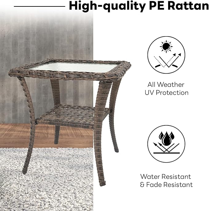 Belord Handwoven Wicker Side Table - 20 Inch Small Outdoor Table 2 Tier Storage with Tempered Glass Top, All Weather Outdoor Patio End Tables for Deck Balcony Outside Brown