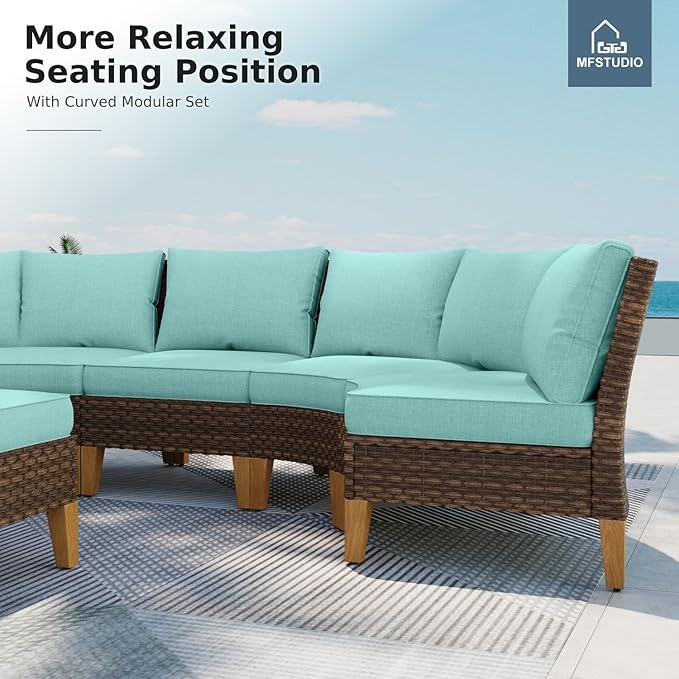 MFSTUDIO 9 Pieces Extra Large Wicker Patio Furniture Set, Rattan Outdoor Half-Moon Sectional Sofa Conversation Set, 4 x Curved Sofa, 1 x Armless Couch, 2 x Ottoman, 2 x Corner Chair(Aqua Blue Cushion)
