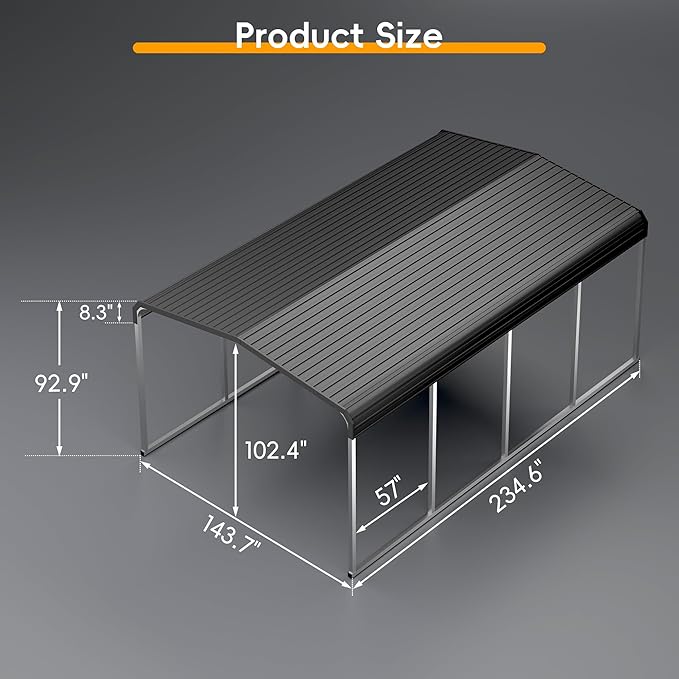 Heavy Duty Metal Carport Kits with Galvanized Steel Roof and Frame, Outdoor Carport Canopy Enhanced Base, Extra Large Car Tent Garage Shelter for Car, SUV, Truck and Boats (12x20 FT, Gray)