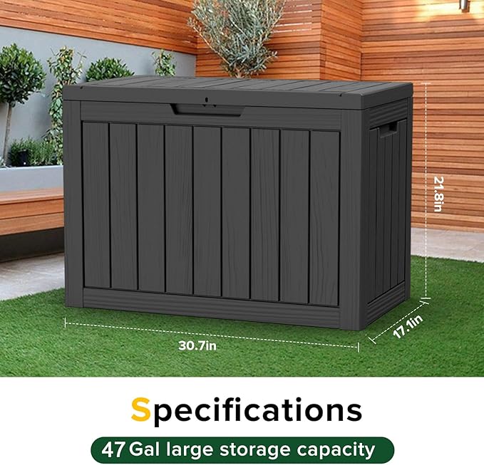 47 Gallon Deck Box Large Outdoor Storage for Patio Furniture,Outdoor Cushions,Garden Tools and Pool Supplies,Waterproof,Resin,Lockable(Black)