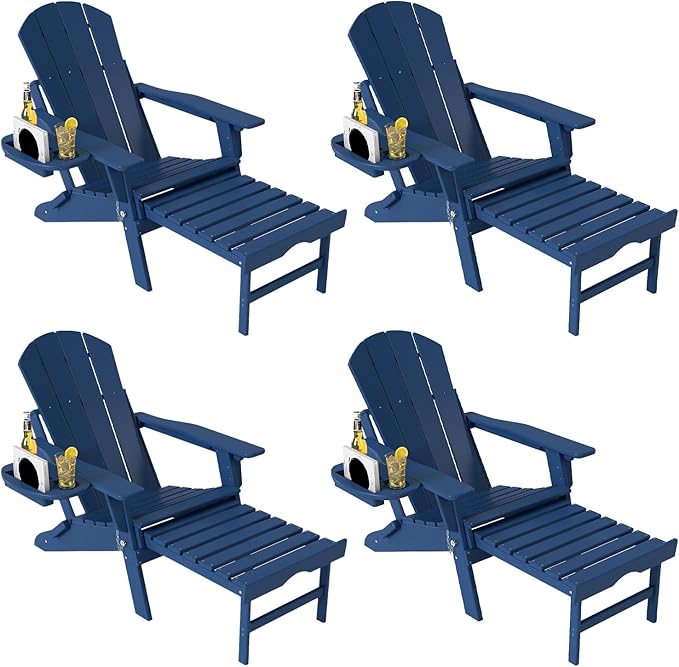 Adjustable Adirondack Chair with Retractable Ottoman Set of 4, HDPE Folding Adirondack Chair with Cup Holder, All Weather Fire Pit Chair for Outdoor.