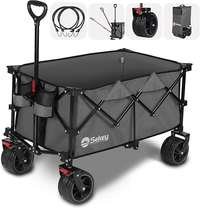 Sekey 220L Collapsible Foldable Wagon with 330lbs Weight Capacity, Heavy Duty Folding Utility Garden Cart with Big All-Terrain Beach Wheels & Drink Holders. Grey