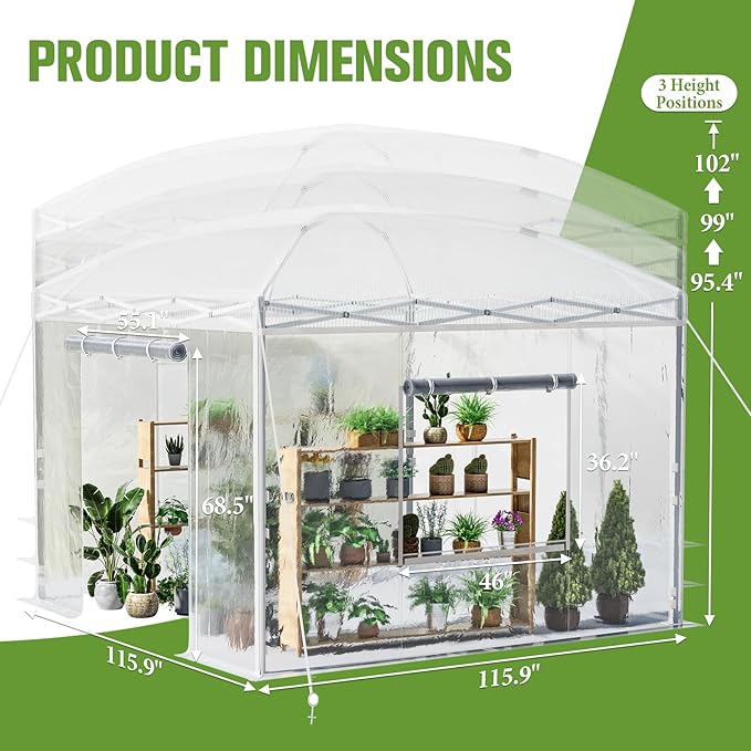 AMERLIFE 10×10×8.5 FT Pop-up Greenhouses for Outdoors Indoor with Adjustable Sturdy Frame, Portable Walk in Greenhouse with 2 Roll-up Zipper Doors, Windows and PE Cover, White