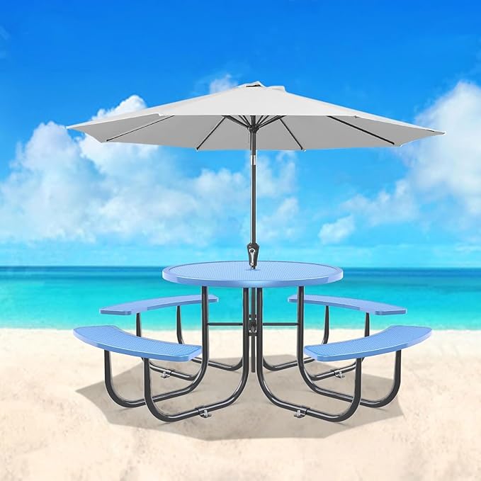 dafrigic 46" Round All Weather Resistant Commercial Picnic Table for Outdoors, Heavy Duty Picnic Table up to 4600 lbs with Umbrella Hole for School, Warehouse, Coffee Shop, Blue