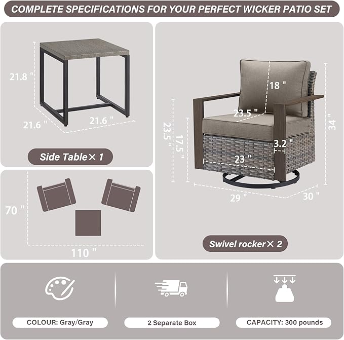 Belord Outdoor Swivel Rocker Chairs Set of 2 with Metal Wide Armrests, 3 Piece Patio Bistro Wicker Chairs with Side Table, Comfort Glider Furniture for Porch, Deck, Sunroom, Backyard