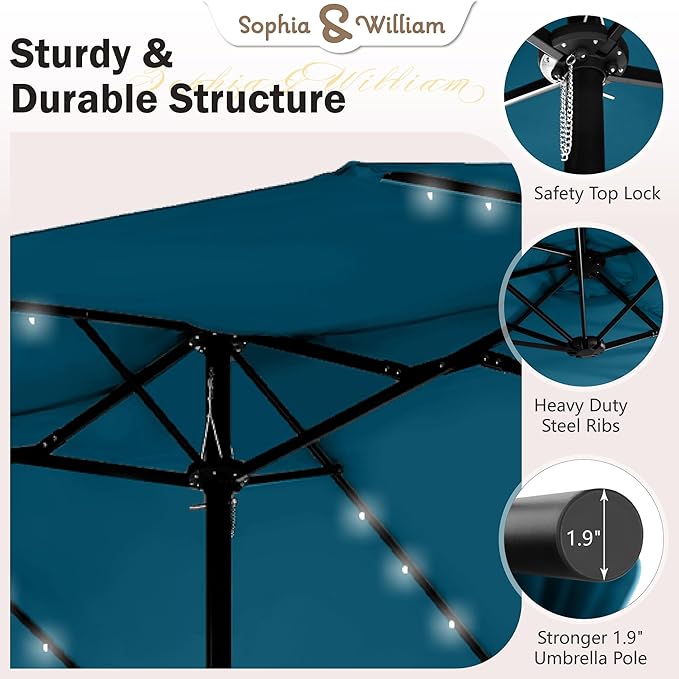 Sophia & William 15 ft Extra Large Patio Umbrella with Solar Lights, Rectangular Outdoor Umbrella with Base Included, Market Umbrella Double-sided Heavy Duty for Pool Garden Backyard, Cyan-blue