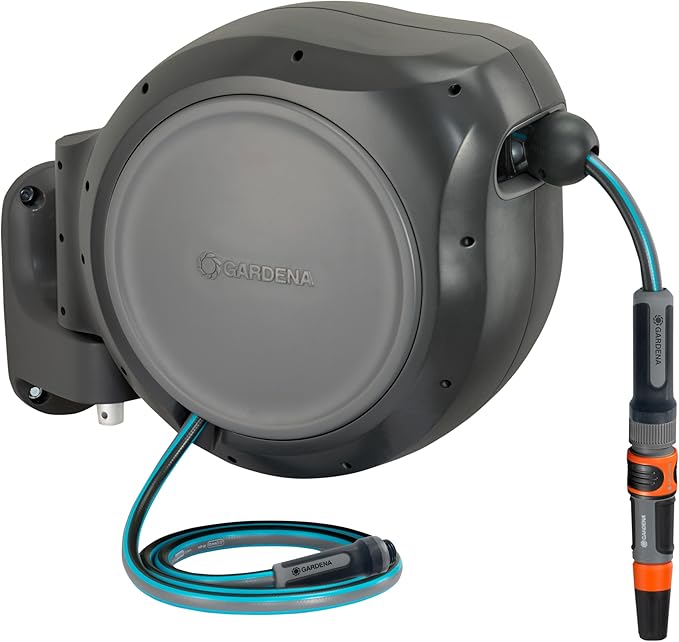 GARDENA (20500) Retractable Garden Hose Reel 50' x 1/2" hose, Wall Mounted, Automatic Retraction & Length Lock for Easy Watering. Heavy Duty Swivel Bracket 180°, Includes Nozzle. Made in Europe