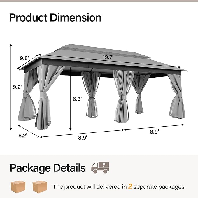 LAUSAINT HOME Gazebo 10x20ft, Heavy Duty Patio Gazebo with Expansion Bolts, Party Canopy Tent with Double Roofs, Mosquito Nettings and Privacy Screens for Backyard, Garden, Lawn, Grey