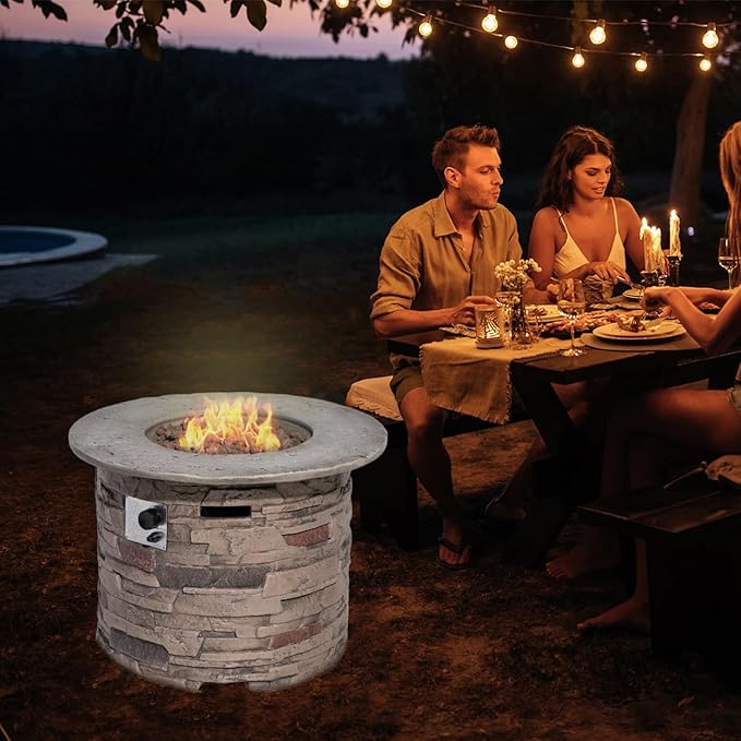 SUNBURY Outdoor Fire Pit Propane Round Fire Pit Table Fire Column, Stonecrest 40,000 BTU Gas Fire Pits for Outside w Lava Rocks, Waterproof Cover, CSA Certified