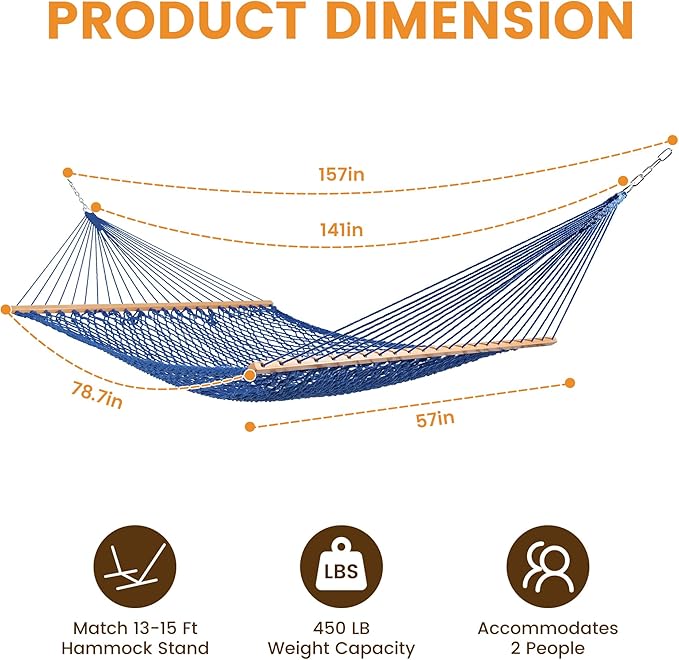Lazy Daze Hammocks 12FT Double Rope Hammocks, 2 Person Hand Woven Cotton Hammock with Spreader Bar for Outside, Patio, Poolside, FIT 13-15 Foot Stand, Max 450 Lbs, Blue, 141 x 57 inches