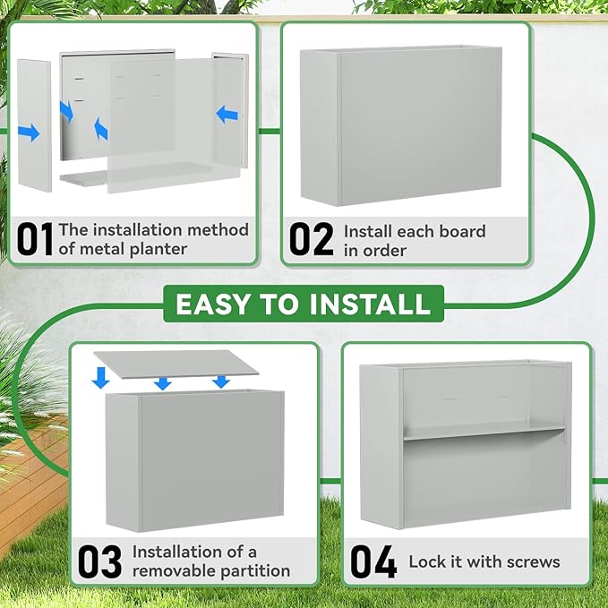 Metal Planter, 30L x 10W x 24H, Heavy Duty Tall Planters for Outdoor Plants, Planters with Removable Insert Shelf, Large Planters with Drainage Holes for Porch, Patio and Yard, Grey