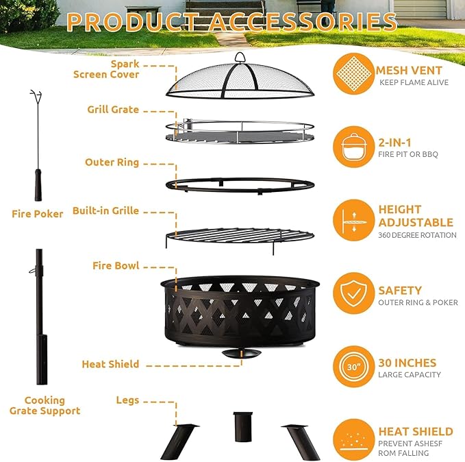 Amopatio Outdoor Fire Pit with Lid, 30 Inch Large Outdoor Wood Burning Fire Pits, Patio Backyard Firepit with Steel BBQ Grill Cooking Grate, Spark Screen & Poker for Garden, Bonfire, Camping, Picnic
