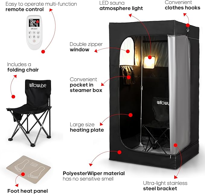 WILLOWYBE Portable Infrared Sauna for Home with 6 Heating Plates, Sauna Tent, Foot Heating Pad and LED Warm Light, Dry Infrared Sauna Box for Full Body, Personal Home Spa