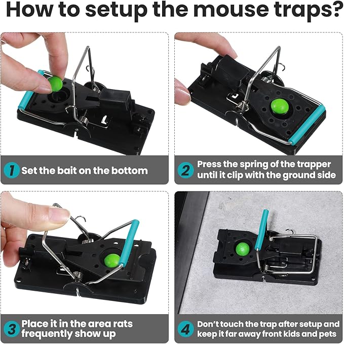 Qualirey 24 Pcs Mouse Traps Plastic Snap Rat Trap Bulk Reusable Quick Effective Safe for Indoor Outdoor Home House Warehouse Garden Kitchen 3.86 x 1.81 x 2.17 Inch (Black,Blue)