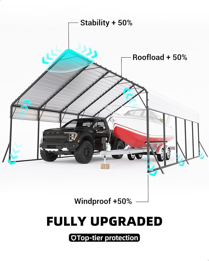 Garveelife 20'x25'x13' Metal Carport for 2 Cars, Heavy Duty Car Ports for Heavy Snow, Reinforced Frame, Tall Metal Car Ports for Bass Boats, Full-Sized Pickup Trucks, and Tractors, N.W. 980 Lbs