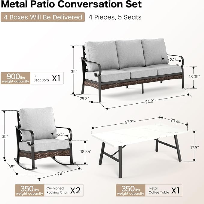 SUNSHINE VALLEY 4 PCS Metal Outdoor Patio Furniture Set, Patio Conversation Sets 1 3-Seater Sofa, 2 Rocking Chairs with 5.75" Extra Thick Cushion & Coffee Table, Black Backyard Furniture, Light Gray