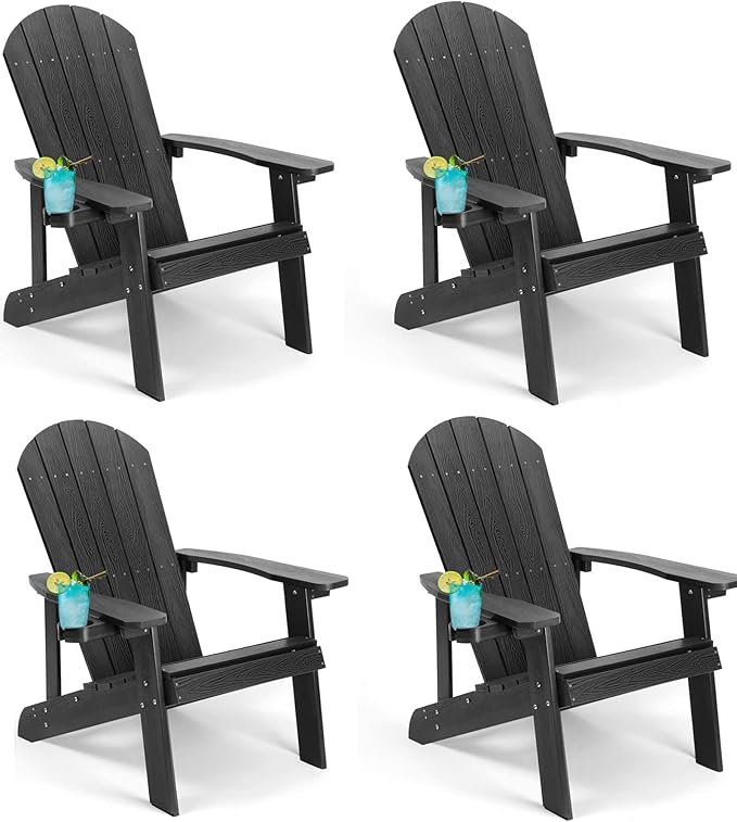 Adirondack Chairs Set of 4, All Weather Resistant Plastic Chairs with Cup Holder, 5 Easy Steps to Install, Outdoor Chairs for Patio, Garden, Backyard Deck, Lawn, Fire Pit - Black