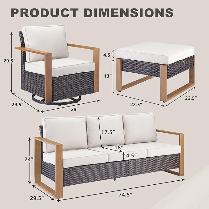 Rilyson Outdoor Wicker Patio Furniture Set - 5 Piece Patio Conversation Set with 2 Wicker Swivel Rocker Chairs,2 Rattan Ottoman and 1 Couch,Thick Cushions,Deep Seating,Wide Armrest(Brown/Beige)