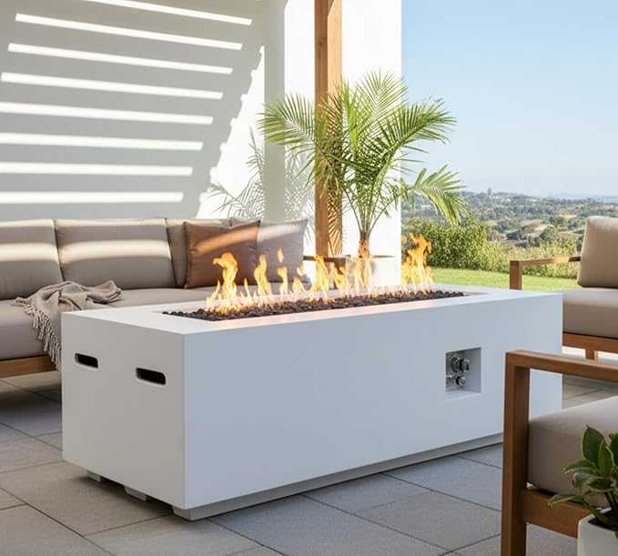 60-Inch Rectangular Outdoor Gas Propane Fire Pit Table,60,000 BTU Light Concrete Fire Table with Waterproof Cover, Tank Seat,Free Lava Rocks, for Outside Patio Backyard,White