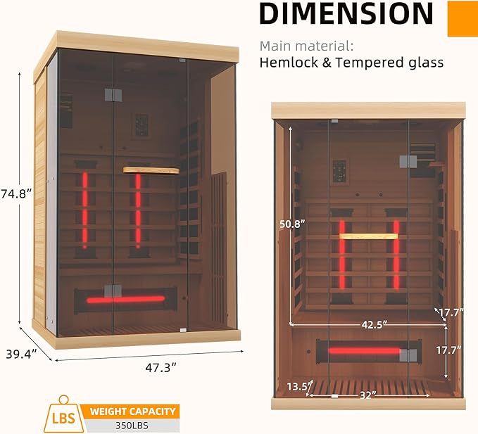 Infrared Saunas for Home, Upgraded 1-2 Person Sauna with 10 Minutes Fast Heating,Canadian Hemlock & Tempered Glass