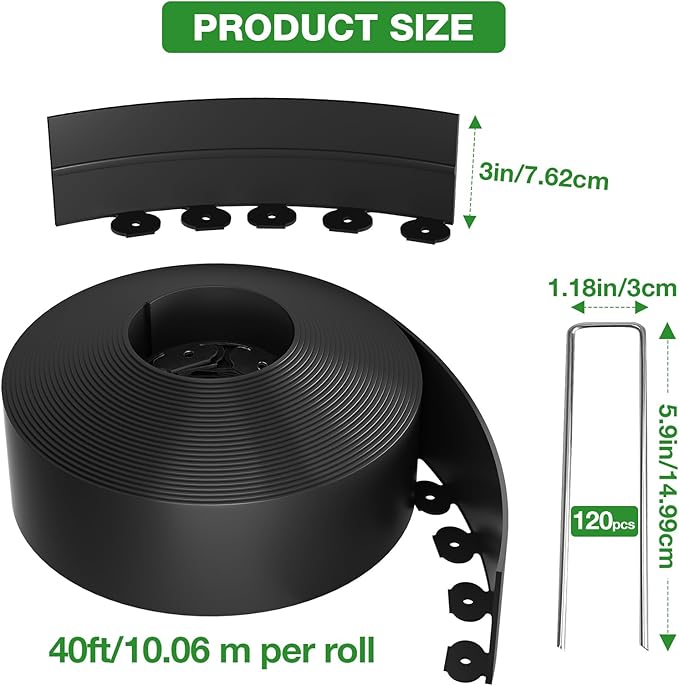 3in Tall 80ft Landscape Edging Kit with 120pcs Metal Spikes, Reinforced Rib Design,No-Dig Flexible Plastic Edge Border for Landscape, Lawn,Garden,Flower Beds,Yard,Paver,Playground, Fence,Pathway,Black
