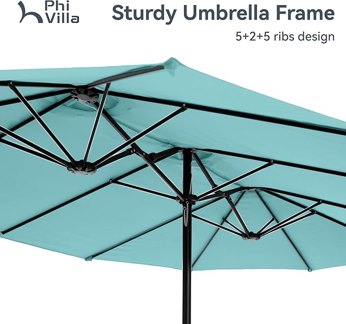 PHI VILLA 15ft Large Patio Umbrellas with Base Included, Outdoor Double-Sided Rectangle Market Umbrella with Crank Handle, for Poolside Lawn Garden, Turquois