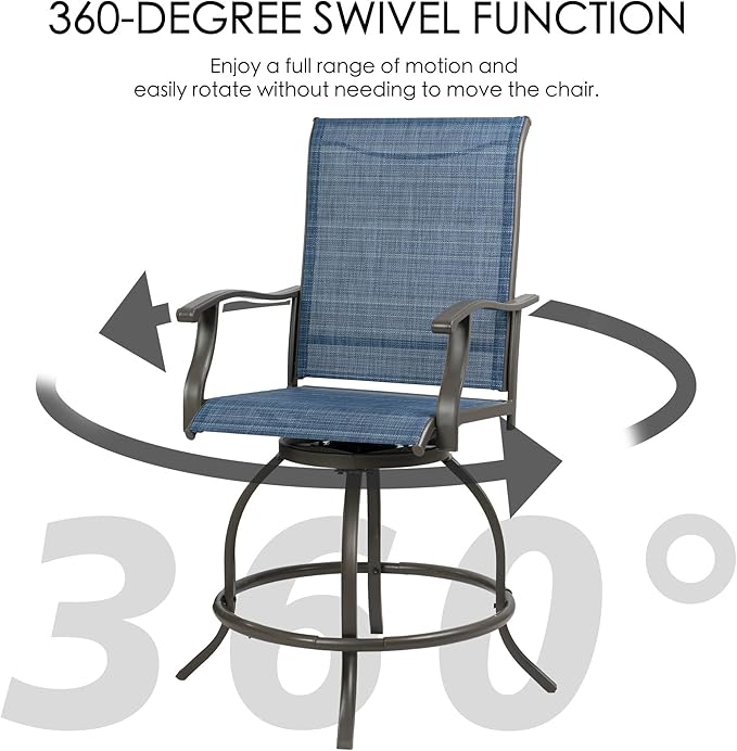 Kozyard Isabella Outdoor Patio High Swivel Bar Stools/Chairs Set for 2 Counter Height Tall Patio Swivel Chairs for Backyard Cafes Bistro Restaurants Chic Bars (NavyBlue/Textilence)