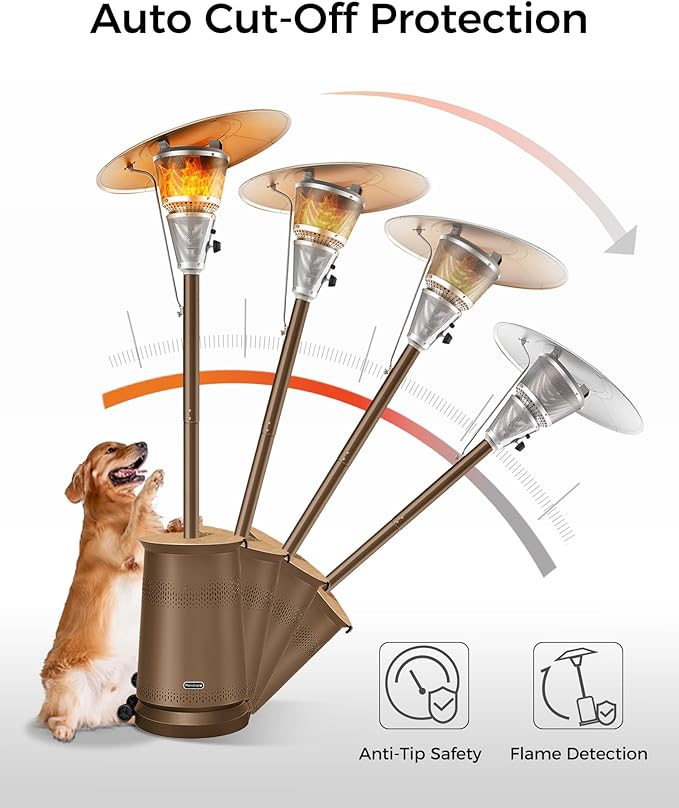 50,000 BTU Patio Heater for Outdoor Use With Adjustable Heat Focusing Top, Portable Propane Patio Heater with Wheels, Stainless Steel Burner for Porch, Deck, Garden, Commercial (Brown)