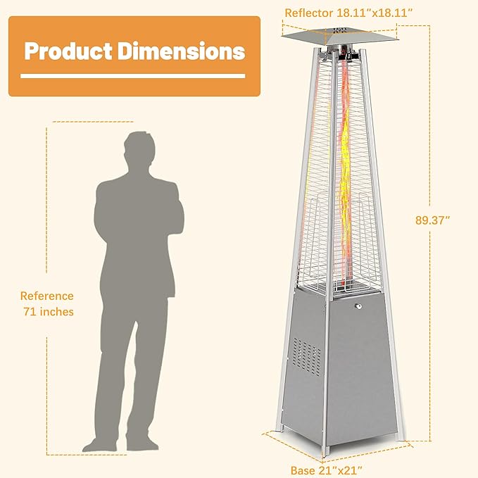 FOOWIN Propane Patio Heater, 48,000 BTU Outdoor Patio Heater with Wheels/Waterproof Cover & Gloves,Quartz Glass Tube Pyramid Outdoor Heater for Party,Backyard, Garden Silver Grey