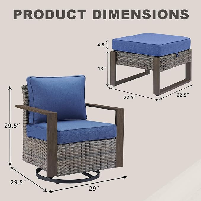 Rilyson Outdoor Wicker Patio Furniture Set - 4 Piece Patio Conversation Set with 2 Wicker Swivel Rocker Chairs,2 Rattan Ottoman, Thick Cushions, Deep Seating, Wide Armrest(Mixed Grey/Blue)
