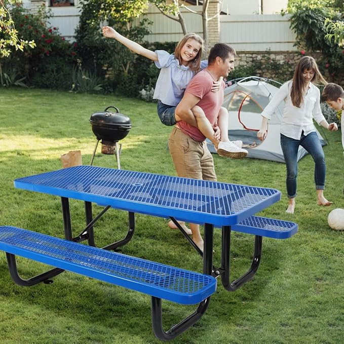 Phyfalip 6 ft. Rectangular Outdoor Steel Picnic Table with Umbrella Pole, Heavy-Duty Weather-Resistant Dining Table for Patio, Backyard, and Garden, Rust-Resistant Finish, Blue