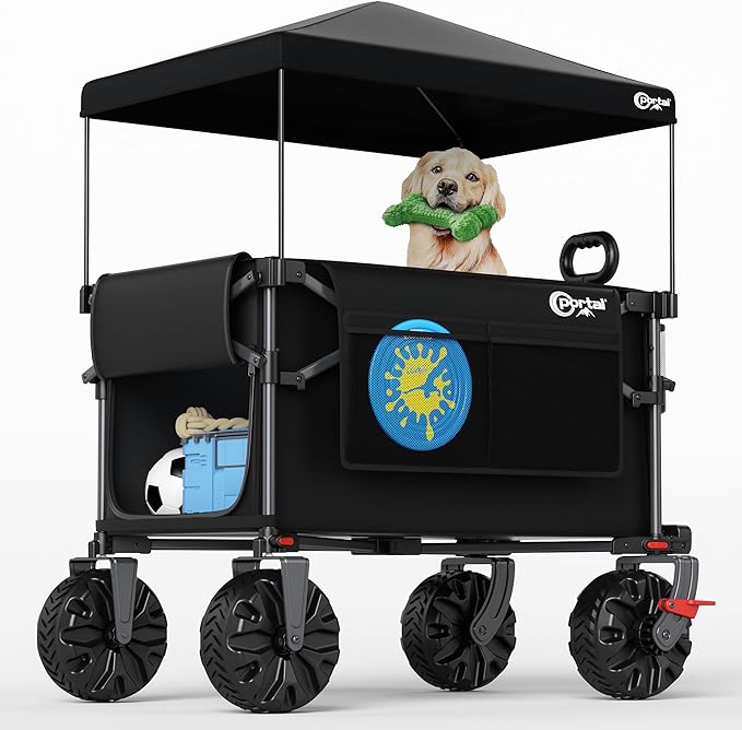 Portal 350L Collapsible Wagon Cart with Removable Canopy, 270LB Folding Utility Cart with Rear Door for Pet, Camping, Beach, and Outdoor Adventures
