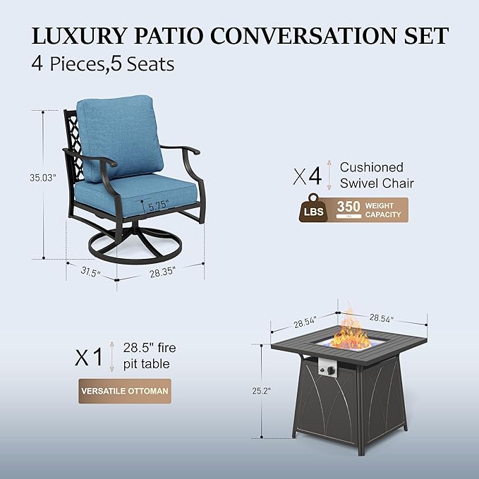 HERA'S HOUSE 5 Pieces Fire Pit Patio Furniture Set, 4 x Thick Cushioned Swivel Chairs with 28" Fire Pit Table (50,000 BTU), Outdoor Conversation Set for Garden Backyard Lawn, Navy Blue