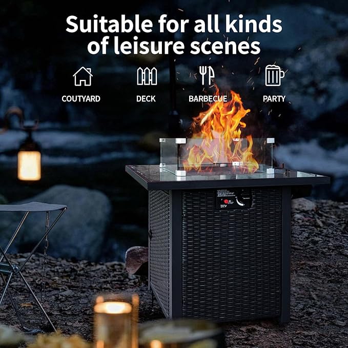 Fire Pit Table 28" Wicker &Rattan Square Propane Outdoor Fire Pit with Lid, Glass Wind Guard, CSA Listed, 50,000BTU, Gas Fire Pit Table for Patio Garden Backyard Deck (Black)