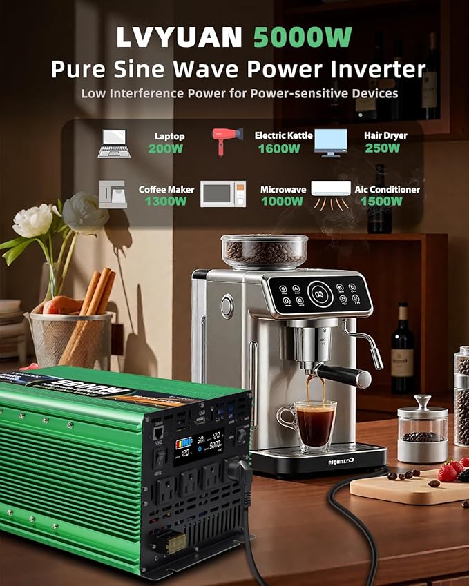 5000W Pure Sine Wave Power Inverters, LVYUAN 10000W Peak Power 12V DC to AC 120V Power Converter for RV, Truck, Outdoor, Remote Control Quadruple AC Outlets and USB Ports Inverter with LCD Display