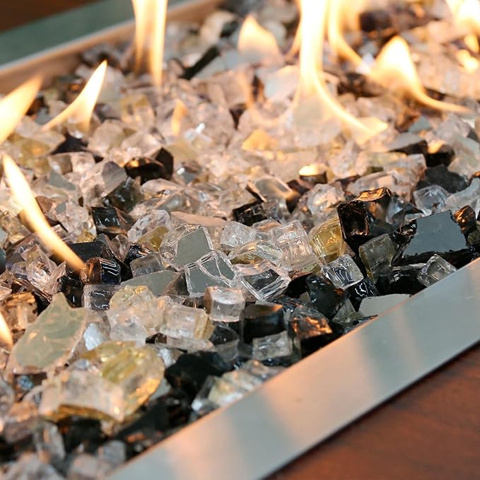 GRISUN 20 Pounds Fire Glass for Fire Pit - 1/2 inch High Luster Reflective Tempered Glass Rocks, Decorative for Natural or Propane Fireplace, Blend of Ultra Clear, Gold, Black