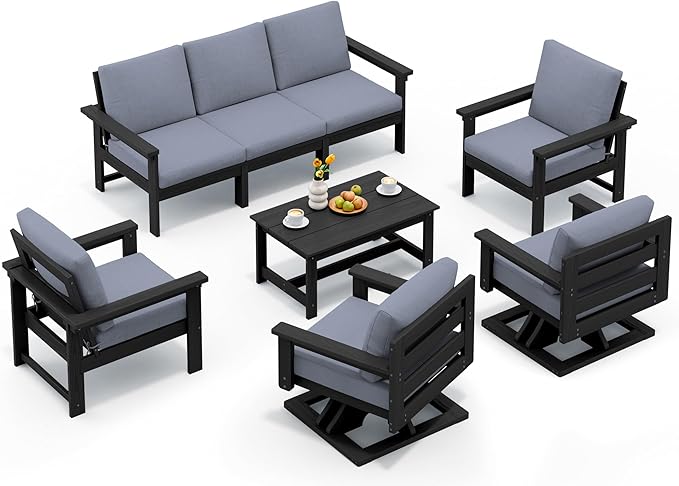 SERWALL HDPE Outdoor Patio Furniture Set, 8-Piece Outdoor Sectional Sofa with 2 Single Seat Swivel Sofas with Thick Cushions for Lawn, Deck, Black Frame with Gray Cushions