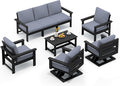SERWALL HDPE Outdoor Patio Furniture Set, 8-Piece Outdoor Sectional Sofa with 2 Single Seat Swivel Sofas with Thick Cushions for Lawn, Deck, Black Frame with Gray Cushions