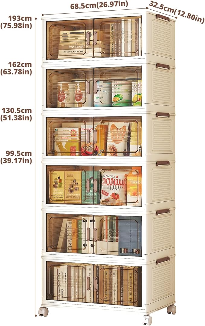 Extra Large Stackable Storage Bins, Folding Plastic Boxes with Magnetic Doors and Wheels, 6 Pack Stackable Containers, Collapsible Closet Organizer Cubes for Bedroom, Dorm, Garage, Christmas Gift