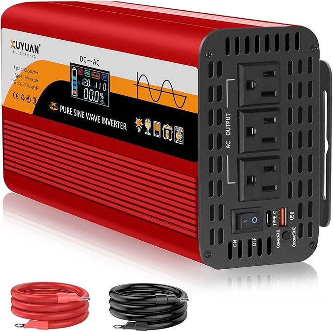 1500W Pure Sine Wave Inverter, 12V/24V Auto-Detect, 50Hz/60Hz Switchable, LCD Display, Type-C Fast Charging, Silent Design, Overload & Overheat Protection for RV, Home