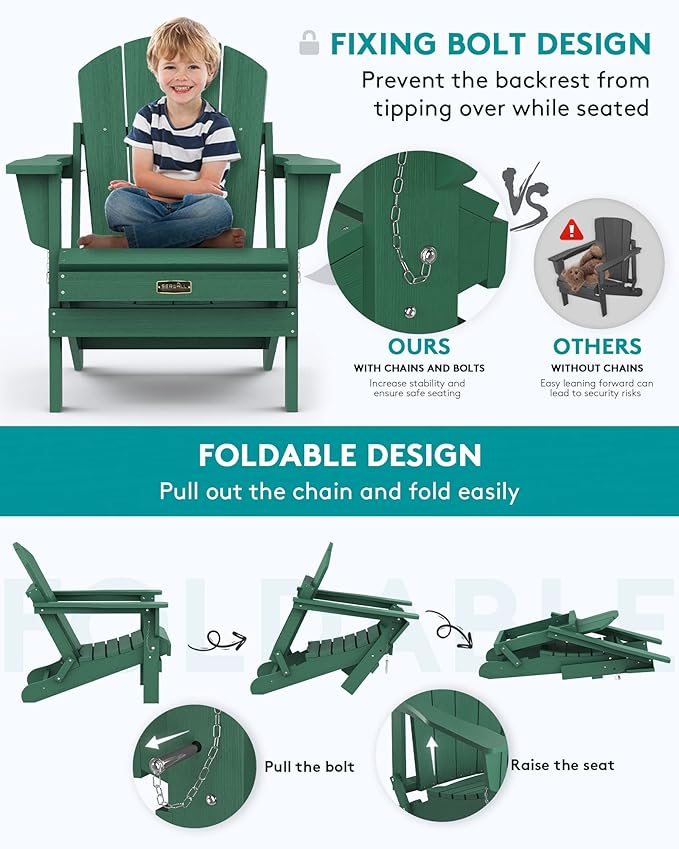 SERWALL Folding Adirondack Chair Painted Adirondack Chair Set of 8 Weather Resistant for Patio Deck Garden, Fire Pit & Lawn Furniture Porch - Green