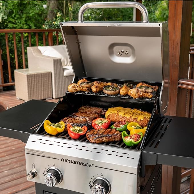 Megamaster Deluxe 2-Burner Gas Grill with Foldable Side Tables, 418 SQ In Cooking Space, 28000 BTUs, Stainless Steel Lid, Propane BBQ Grill for Outdoor Cooking, Patios, Backyards and More - 720-0864MA