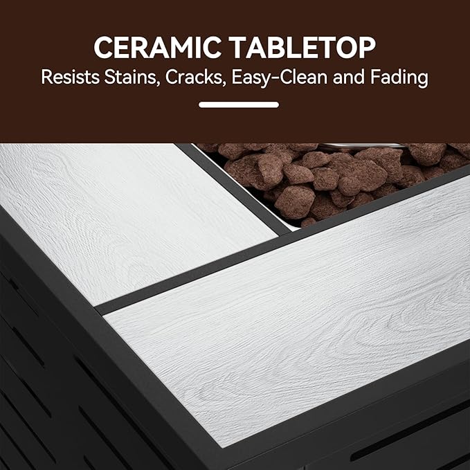 28" Outdoor Propane Fire Pit Table Ceramic Top & Lava Rocks,50000 BTU Square Patio Heater Waterproof Lid Gas Fire Pits for Outside Patio Black