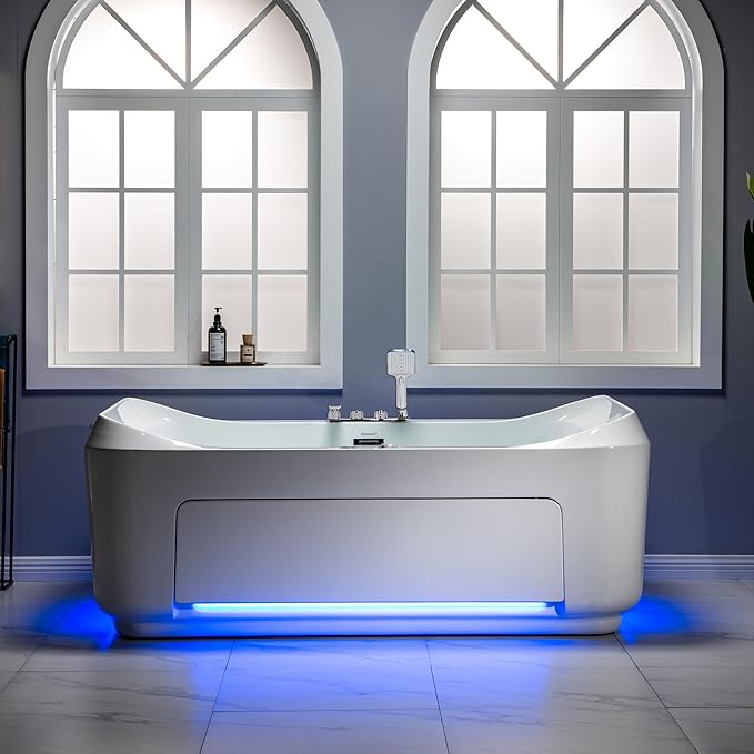 WOODBRIDGE 70-7/8"L x 47-1/4"W 2 Person Freestanding Hydrotherapy Whirlpool and Air Bath Heated Soaking Combination Massage Tub with Adjustable Speed Air Blower and Display Control Panel, B0091