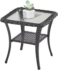 Belord Handwoven Wicker Side Table - 20 Inch Small Outdoor Table 2 Tier Storage with Tempered Glass Top, All Weather Outdoor Patio End Tables for Deck Balcony Outside Black